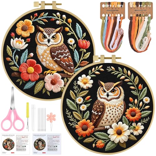 ERKOON Embroidery Kit for Beginners, 2 Set Flower Cross Stitch Set Include Embroidery Cloth Hoops Threads for Craft Lover Hand Stitch with Embroidery Skill Techniques (Owl) - color: Owl