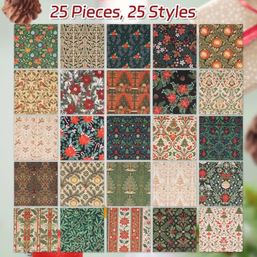 25 Pcs Christmas Cotton Fabric Squares, Christmas Morris Flowers Style - color: Christmas Morris Flowers
