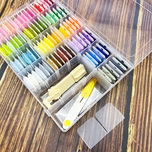 Embroidery Floss Organizer Cross Stitch Thread Storage Box Tools with 120 Pieces Floss Bobbins, Bobbin Winder, Scissor and Colour Stickers,Removable 18 Compartments Big Size Case
