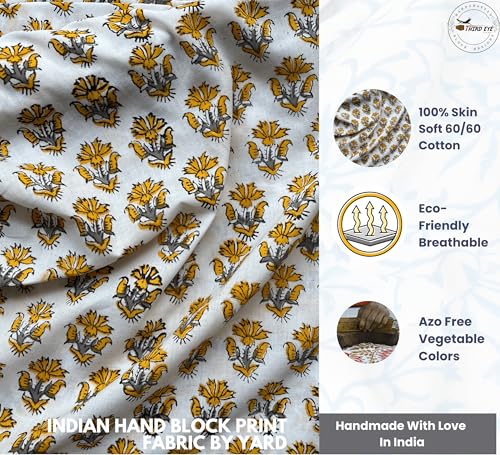 100% Cotton Fabric by the Yard, Hand Block Print Fabric for Sewing RB-102 - color: Rb-102 Yellow, size: 3 Yard pre cut