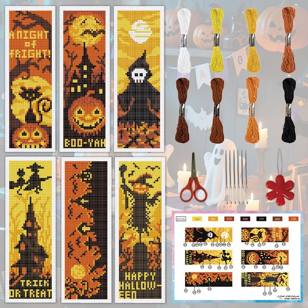 INFUNLY Halloween Cross Stitch Bookmarks Kit Evil Pumpkin Handmade Cross Stitch Bookmarks Skeleton Ghost Embroidery Bookmark Trick or Treat DIY Cross Stitch Set with Instruction for Adults Book Lover - style: 6PCS Halloween