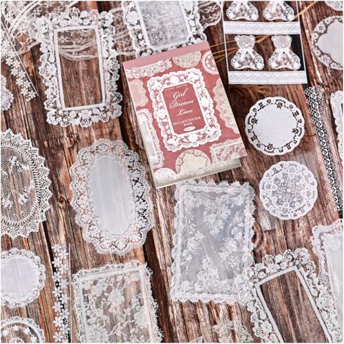 Lace Stickers for Scrapbooking, 30 Sheets Scrapbook Stickers Book for Wedding Invitations, Bridal Scrapbook Supplies, Transparent PET Stickers for Junk Journaling, Girl's Dream Themed - color: Girlish Dream Lace