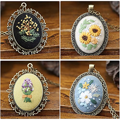 ZOCONE 4 Packs Embroidery Necklace Kits, Embroidery Pendant Kit Mini Cross Stitch Kit with Hoop, Necklace, Pendant, Stamped Pattern Cloth, Instructions, etc., Embroidery Kits for Adults - color: 4 Packs-C