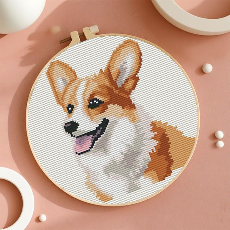 Cute Corgi Dog DIY Stamped Cross Stitch Kits Easy for Beginners and Children with Hoop 11CT Needlepoint Counted Embroidery Kits Art Craft Wall Decoration 12x12inch(2)