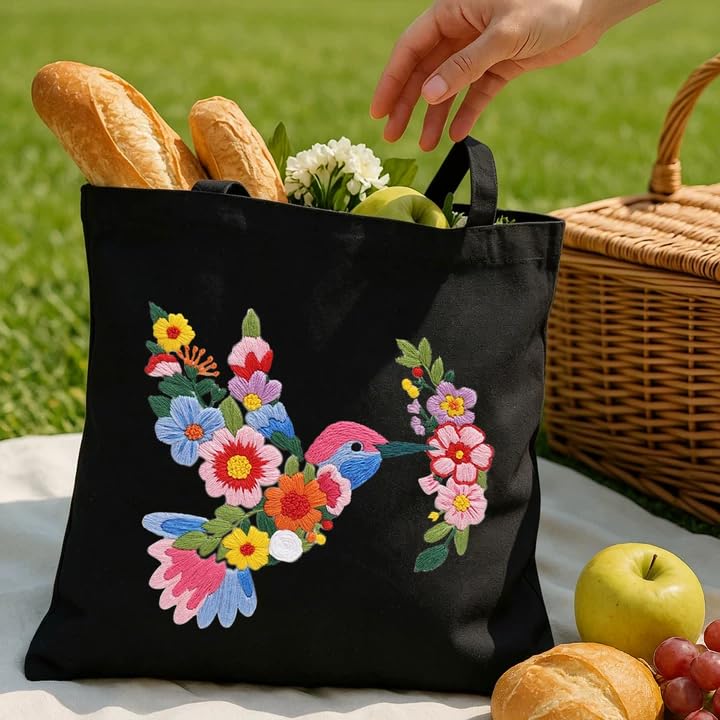 Nuberlic Embroidery Tote Bag Kit for Beginners with Floral Bird Pattern - color: Bird