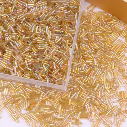 4000 Pcs Champagne Gold Glass Bugle Beads, 2 x 7 mm Embroidery Beads, Small Long Tube Seed Beads for Embroidery Craft Jewelry Making - color: Champagne Gold