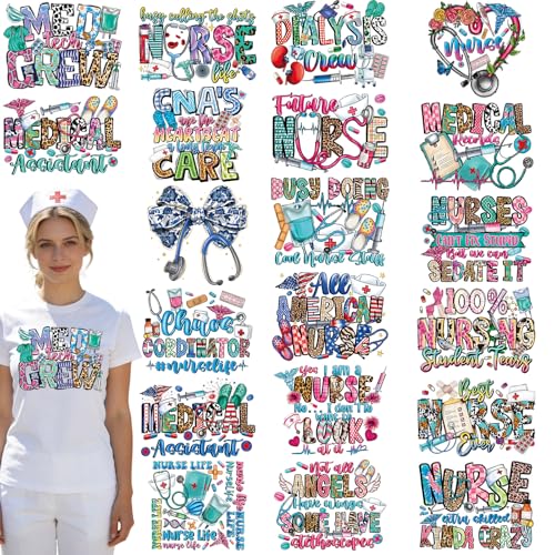 Dazoratix Nurse Week Iron on Transfers - 20 Sheets Colorful DTF Ready to Press Bulk Heat Patches Medical Stickers Vinyl Decals for T Shirts Clothing Bag Hat Pillow DIY Crafts Appliques Decorations - style: Nurse Week