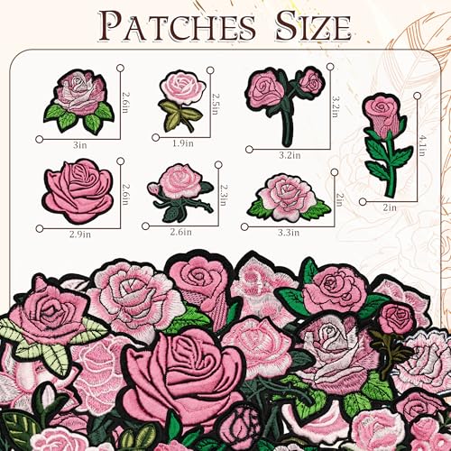 25PCS Pink Rose Iron on Patches, Embroidered Floral Applique Patches for Jackets, Jeans, Hats, Backpacks and Tote Bags - color: pink