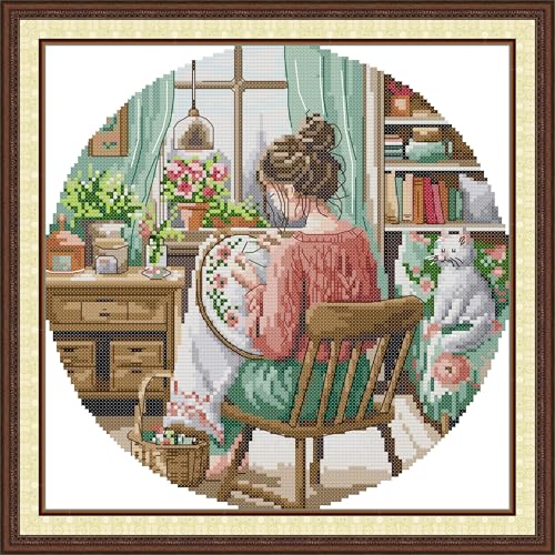 CrossNest 16CT Stamped Cross Stitch Kit for Beginners, HD Printed Complete DIY Embroidery Set with Pattern & Tools, Premium Aida Cloth & Threads (Embroidered Girl) - color: Pattern 12(High definition printing)