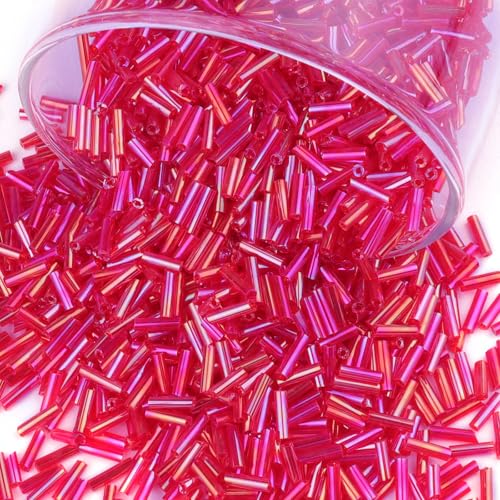 4000 Pcs Iridescent Red Glass Bugle Beads, 2 x 7 mm Embroidery Beads, Small Long Tube Seed Beads for Embroidery Craft Jewelry Making - color: Iridescent Red