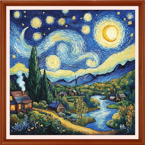 Redxing Counted Cross Stitch Kit for Beginners,Unprinted Needlepoint Kits for Beginners Cross Stitching Embroidery Kit 11CT Stitches kit-Van Gogh's Star River Home 18x18 inch - color: Setpattern06