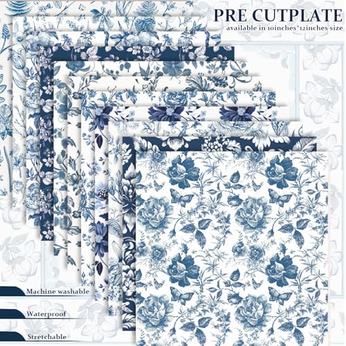 FYSUIMU 12 Sheets Blue Floral Heat Transfer Vinyl Watercolor Flower HTV Iron on Vinyl Vintage Chinoiserie Adhesive Vinyls for Clothing Costume DIY Fabric Crafts, 12 x 10 Inch