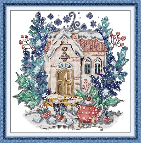 CaptainCrafts Cross Stitch Kits, Stamped Fabric Cross Stitching DIY Art DMC Needlecrafts Embroidery Kit for Adults Beginner (Winter Teapot, Stamped) - color: Winter Teapot, size: Stamped
