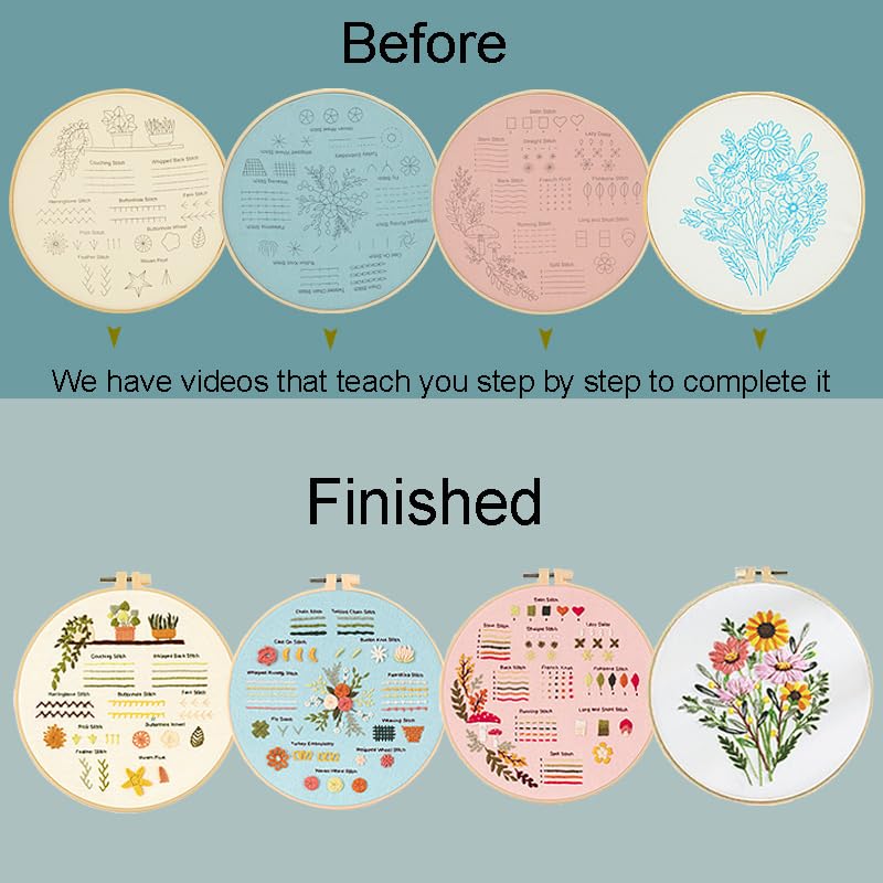 Sutesloly Hand Embroidery Kit for Beginners, 4 Sets Learn to Floral Patterns Simple Beginner Starter kit for Adults, 33 Stitches Easy Embroidery Practice Kit, 7.8inch Hoop, DIY Craft Gift for Women - color: pink