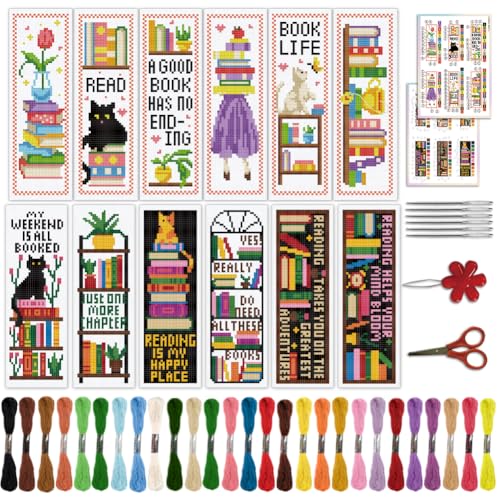 ACRNIGHEET 12PCS Cross Stitch Bookmark Kit for Adult Beginners, Cats and Bookshelf Pattern Stamped Embroidery Bookmark, Needlework Kit with Instructions, Size 8.5''x3'' - style: Bookshelf Patterns