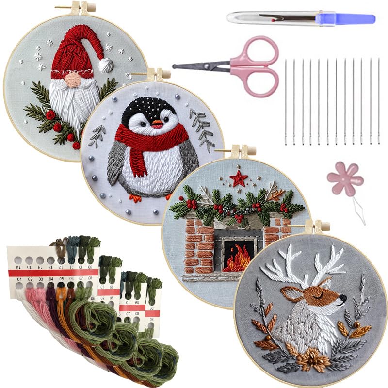 LB Christmas Gnome Embroidery Kit for Beginners: 4-Piece Cross Stitch Set with Penguin, Deer, Green Plant & Fireplace | Adults DIY Starter Kit Includes Hoop, Threads, Tools and Instructions - color: Grey