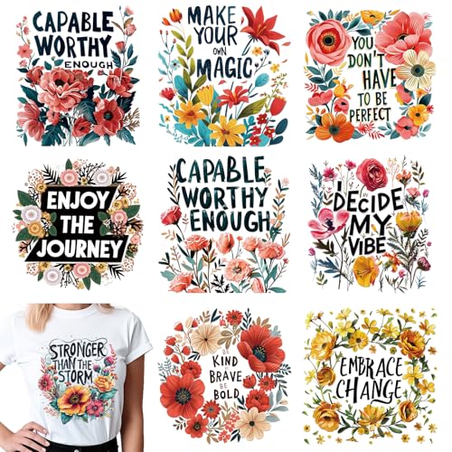 Dazoratix Inspirational Iron on Transfers - 9 Sheets Flower Ready to Press Motivational Heat Transfer Stickers Floral Clothing Decals for T-Shirts Women Clothes Appliques Hat Bag Clothes Decorations - style: Floral Inspiration-9PCs