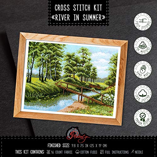 Povitrulya Counted Cross Stitch Kit 'River in Summer', 9.84"x7.48", 16 Count Aida, DIY Embroidery Kit for Adults with Landscape Pattern - color: River in Summer