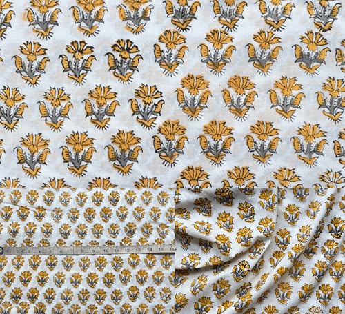 100% Cotton Fabric by the Yard, Hand Block Print Fabric for Sewing RB-102 - color: Rb-102 Yellow, size: 1 Yard pre cut