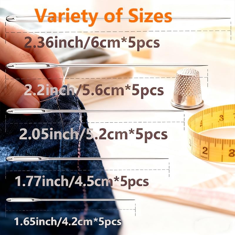 75Pcs Stainless Steel Sewing Needles Set for Hand Sewing, 5 Sizes Large Eye Sewing Needles with 6 Threader for Knitting Handsewing Art Crafts - size: 75