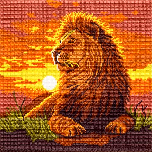 Zhenqing Majestic Lion Stamped Cross Stitch Kit for Beginners, 11CT Printed Full Coverage Sunset Wildlife Animal Pattern, 38 x 38 cm DIY Embroidery Needlework Set, No Hoop Needed - color: Majestic Lion