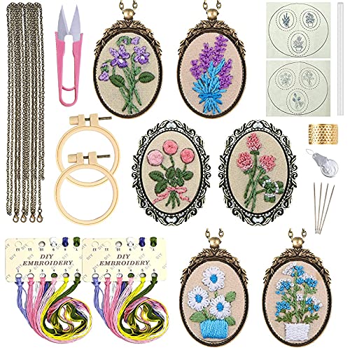 ZOCONE 6 Packs Embroidery Necklace Kits, Embroidery Pendant Kit Mini Cross Stitch Kit with Hoop, Necklace, Pendant, Brooch, Stamped Pattern Cloth, Instructions, etc. Embroidery Kits for Adults - color: 6 Packs-E