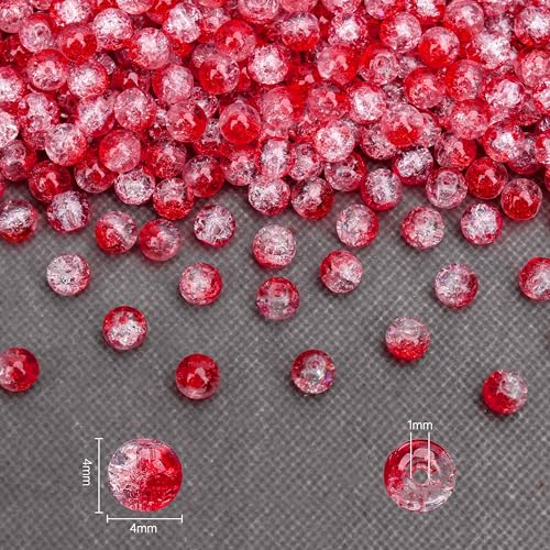 400PCs 4mm Red Crackle Glass Beads Bulk, Round Smooth Hole Glass Crystal Beads for Jewelry Making, DIY Bracelets, Necklaces, Bag Charms, Keychains and Craft Projects - color: Red Crackle, size: 4MM
