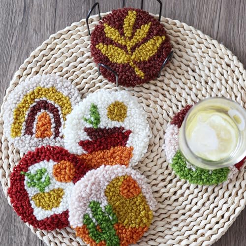 Temlum 6pcs Punch Needle Coasters Kit for Adults and Beginners(Plants) - color: Plants