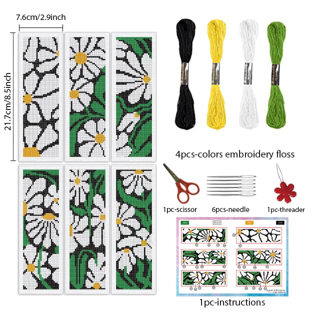 INFUNLY 6pcs White Daisies Cross Stitch Bookmark Kit for Beginners DIY Green Leaf Stamped Embroidery Bookmark Kits Flowers Needlepoint Kit with Instruction Easy Cross Stitch Set for Book Lovers Reader - style: Daisies