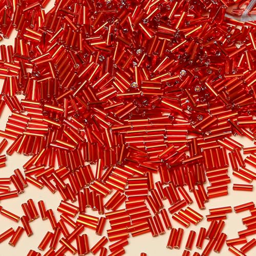 2000pcs Glass Bugle Beads, Tube Beads Bulk, Mini Long Tiny Small Waist Loose Spacer Embroidery Beaded for Bracelets Jewelry Making Sewing, Crafts, 2×6mm, Orange-Red - color: Orange-Red