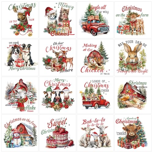 Vintage Christmas Rub on Transfers for Crafts - Wxiben 16 Sheets Farmhouse Rub on Transfers for Furniture Highland Cow Reindeer Sheep Animal Rub on Transfer Stickers for Wood DIY Craft Home Decor - style: Farmhouse Christmas