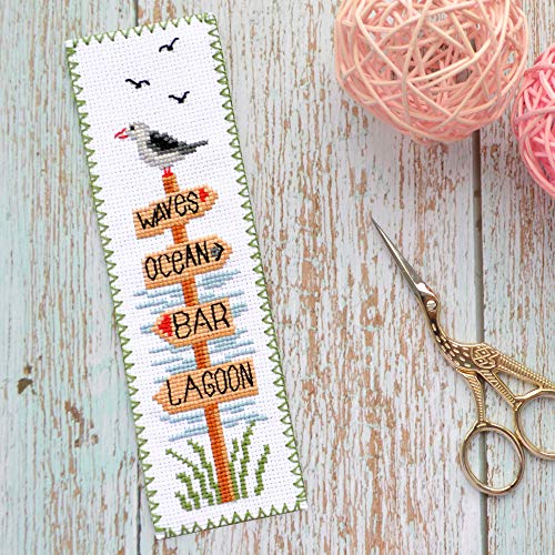 Povitrulya Beach Signs Cross Stitch Bookmark - Coastal Wood Signs Embroidery Set with Paper Pattern, 16 Count Aida Cloth and Pre-Sorted Floss - color: Beach Signs