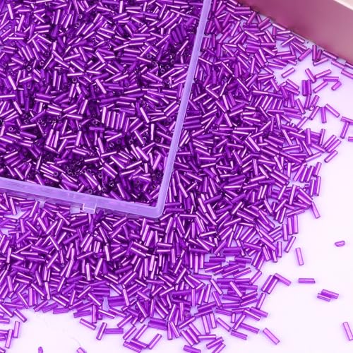 4000 Pcs Bright Purple Glass Bugle Beads, 2 x 7 mm Embroidery Beads, Small Long Tube Seed Beads for Embroidery Craft Jewelry Making - color: Bright Purple