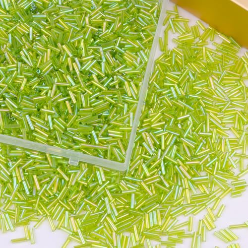 4000 Pcs Iridescent Light Green Glass Bugle Beads, 2 x 7 mm Embroidery Beads, Small Long Tube Seed Beads for Embroidery Craft Jewelry Making - color: Iridescent Light Green