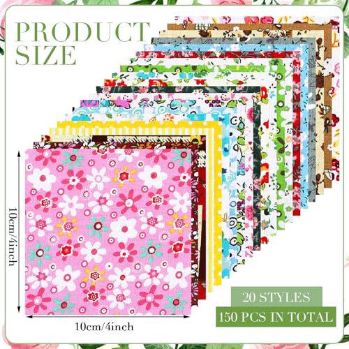 Tatuo 150 Pcs 4 × 4 Inch Cotton Fabric Squares Quilting, Vintage Floral - style: Vintage Floral