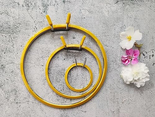 Nurge Metal Embroidery Hoops - Premium Spring Tension Embroidery Hoop for Cross Stitch - Durable Ring with Quick Release Safety Clip - Ideal for Crafters,Beginners & Professionals - Yellow - Size Mix - color: Yellow, size: Mix Sizes