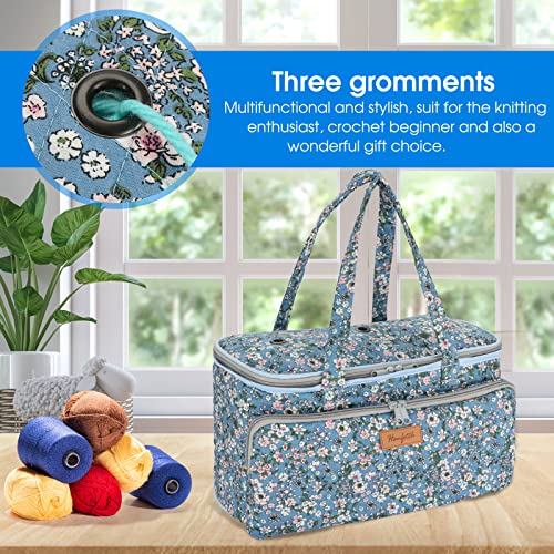 Yarn Bag-Large Size-Yarn Storage Organizer with Grommets-Portable Crochet Bag for Yarn Skeins-Crochet Hooks-Knitting Needles -Other Accessories (Flower-Blue) - color: Flower-Blue