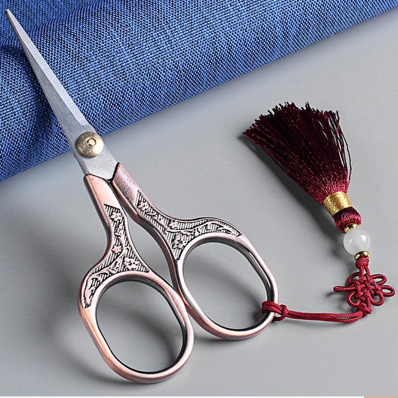 Vintage Craft Scissors Stainless Steel Square Handle Household DIY Embroidery Thread Scissors for Sewing Cutting Cloth with A Chinese Knot (copper) - color: Copper