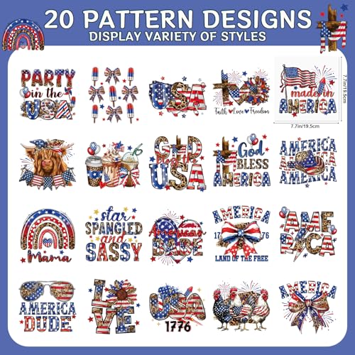 Dtf Transfers Ready to Press - 20Pcs American Flag Iron on Transfers for Tshirts, Independence Day Patriotic Iron on Decals Patches, 4th of July USA Heat Transfer for DIY Clothing Pillows Bag - color: American Flag422