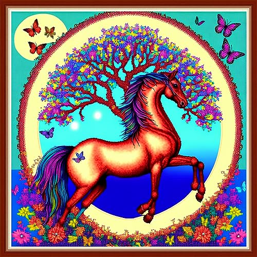 Dimensean Stamped Cross Stitch Kits Full Range of Embroidery Patterns Starter Kits for Beginners Adult DIY Cross Stitches Needlepoint Kits 11CT-Horse Wreath 17.7x17.7 inch - color: Pattern Style 13