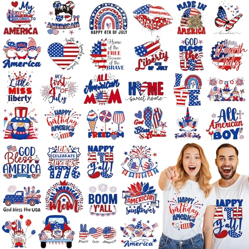 Tellingyou 36 Sheets 4th of July Iron on Transfers Patriotic Patches Ready to Press 250th Independence Day Vinyl Iron on Patch Red Blue White Embroidered Applique for T Shirt Jacket DIY Decorations - style: Patriotic