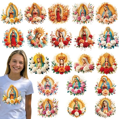 Dazoratix DTF Transfers Ready to Press - 20 Sheets Our Lady of Guadalupe Iron on Patches Watercolor Floral Virgen de Mary Heat Sticker Vinyl Decal for T Shirts Clothing Pillow Bag DIY Craft Decoration - style: Our Lady of Guadalupe