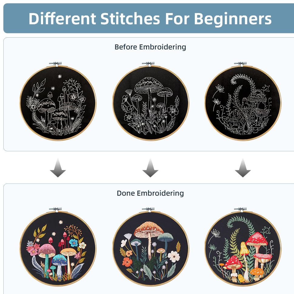 KEKEMEOW 3 Sets Embroidery Kit for Beginners, Stitches with Colorful Mushrooms Embroidery Stitch Practice kit for Adults Craft Lover, Cross Stitch Kit with Pattern、Instruction、Hoop - color: mushroom