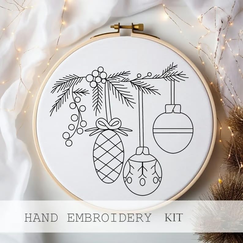 Christmas Embroidery Kit DIY Hand Embroidery Starter Cross Stitch Kits, Christmas Ornaments Embroidery with Stamped Pattern,Cotton,Threads,Needles,Instructions for Adults Beginners (Holly Bauble) - color: Holly Bauble
