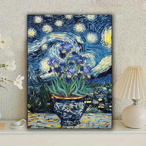 KUFWKEY Iris Flowers Diamond Art Kits for Adults,Starry Night Diamond Painting Kit,DIY Diamond Mosaic Art,Diamond Dots for Beginner,Gem Art and Craft for Home Wall Decor 12 x 16 Inch - color: AM431