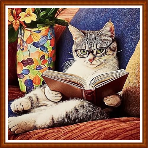 Funart Stamped Cross Stitch Kits for Beginners Full Range of Cross Stitching Preprinted Embroidery Kits for Adults, 11CT Embroidery Pattern Needlepoint Kits-Cat Reading 18x18 inch - color: ColorArt63