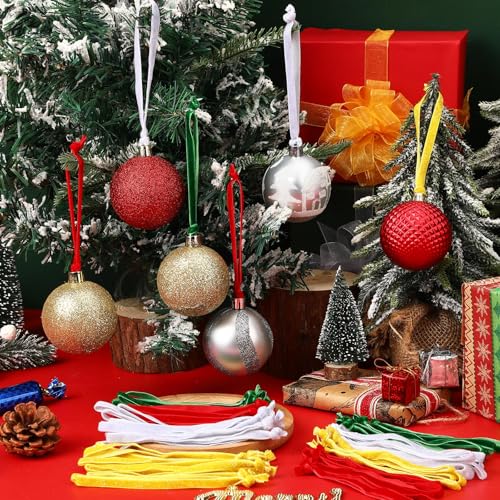 JUNEBRUSHS 120Pcs Velvet Christmas Ornament Ribbon Hangers, Hand Tied Christmas String Ribbon Loops for Ornament Hanging Tree Hanging Decorations,Gold Silver Red Green - color: Gold Silver Red Green