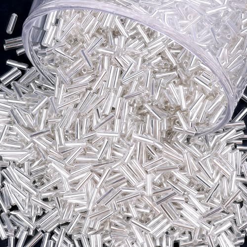 4000 Pcs Silver White Glass Bugle Beads, 2 x 7 mm Embroidery Beads, Small Long Tube Seed Beads for Embroidery Craft Jewelry Making - color: Silver White