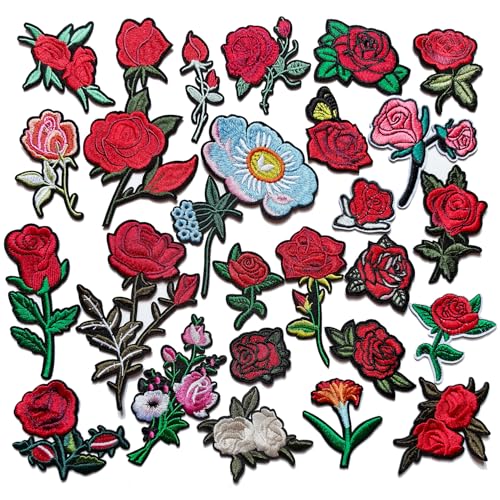 25pcs Flower Rose Iron on Patches, Assorted Sizes Color Floral Embroidered Patches Applique for Clothes Hats Jeans Jacket - color: Rose and Flowers