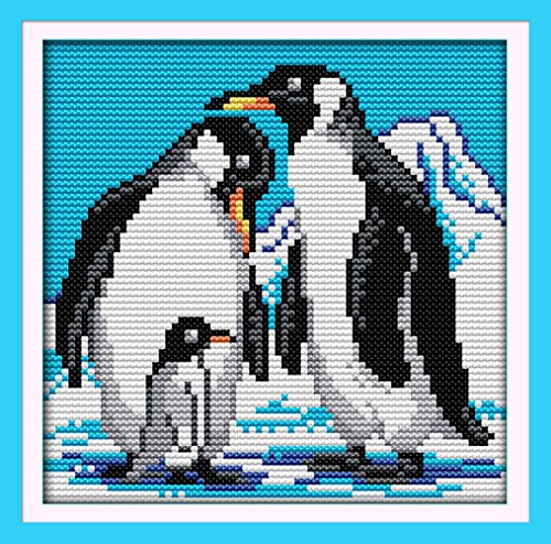 CaptainCrafts Cross Stitch Kits, New Counted Kit Unprinted 14CT Fabric Cross Stitching DIY Art DMC Needlecrafts Embroidery Kit for Adults Beginner (White, Penguin Family) - color: Penguin Family, style: White